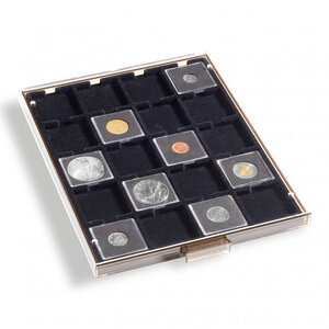 Médaillier numismatique Leuchtturm pour 20 capsules Quadrum  à fond noir.