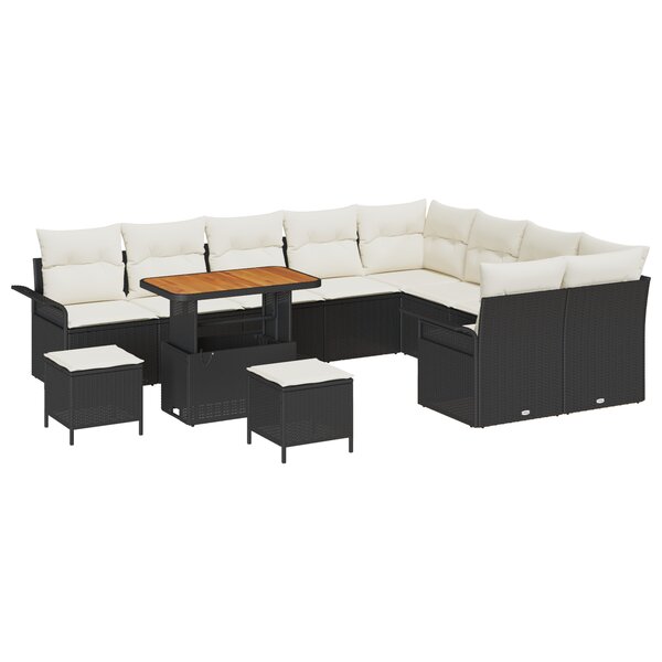 Ensemble de canapé de jardin 12 pièces avec coussins noir poly rattan acacia