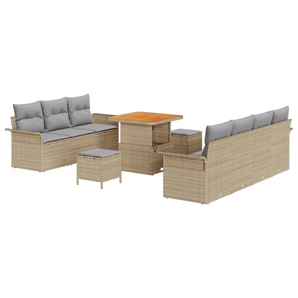 Canapé de jardin vidaXL 10 pièces avec coussins en rotin poly beige  acacia