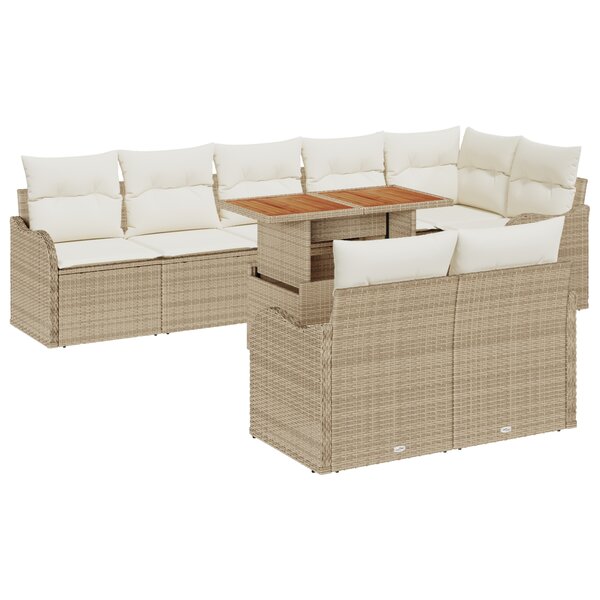 Ensemble de Canapés de Jardin 9 Pièces avec Coussins Beige Rattan Poly Acacia