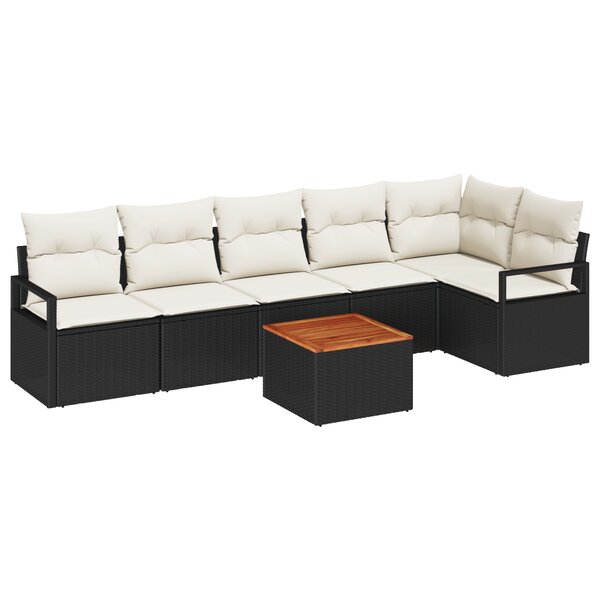 Canapé de jardin 7 pièces avec coussins en poly rotin noir et acacia