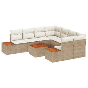 Ensemble de Canapés de Jardin 9 Pièces avec Coussins Beige Poly Rotin Acacia