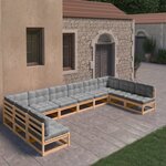 vidaXL Salon de jardin 10 Pièces avec coussins Bois de pin massif