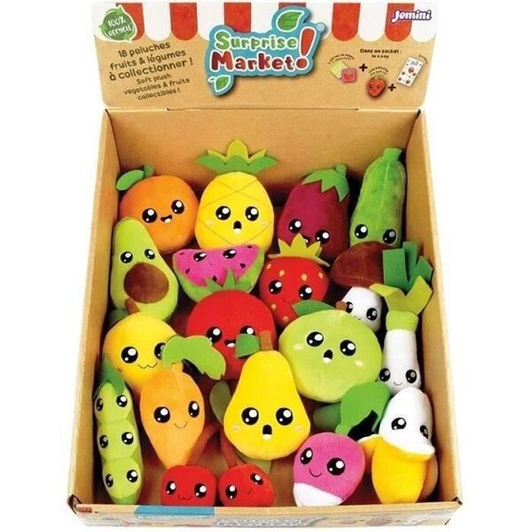 18 pochettes surprises Surprise Market - Peluche fruits ou légumes 10 cm stickers et cartes mémo