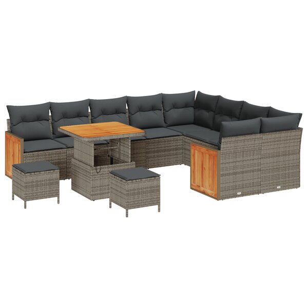 Ensemble de Canapés de Jardin de 12 Pièces avec Coussins Gris Poly Rotin Acacia