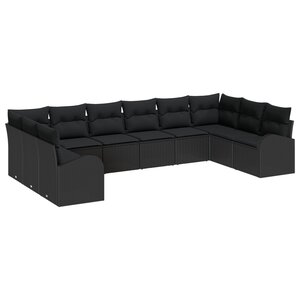 Ensemble de canapé de jardin 10 pièces avec coussins en rotin noir
