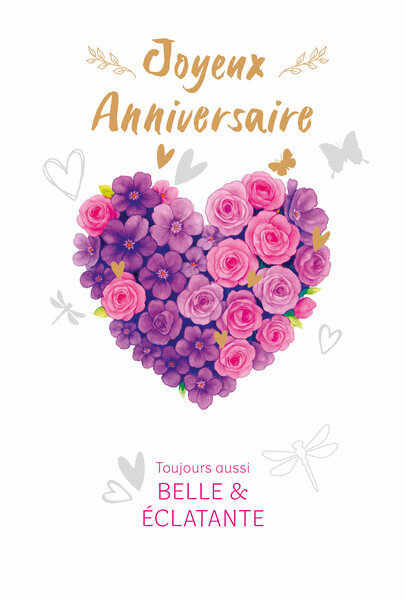 69-3106 Carte Anniversaire pour Fille Femme Belle & éclatante Cœur Bouquet de Fleurs Roses Violettes - Finitions Dorure Or Doré + Gaufrage en Relief +1 Enveloppe Format 12x17cm - Fabriqué en Europe