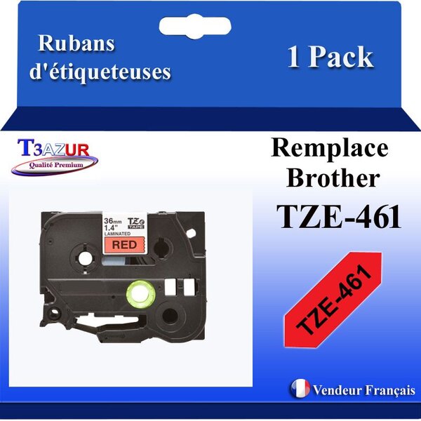 Ruban d'étiqueteuse compatible avec Brother Tze461  Tze-461 pour étiqueteuses P-touch - Texte noir sur fond rouge- T3AZUR