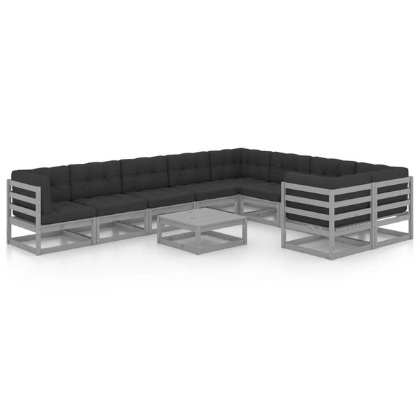 Salon de jardin meuble d'extérieur ensemble de mobilier 10 pièces avec coussins gris bois de pin massif 02_0015028