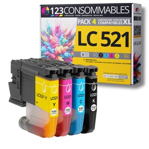 123CONSOMMABLES - LC521 - Pack de 4 Cartouches Encre Compatible avec Brother LC521 pour DCP-J1260W  DCP-J1310DW  DCP-J1313DW  DCP-J1360DW  DCP-J1460DW