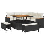 Canapé de jardin 8 pièces avec coussins noir poly rotin acacia
