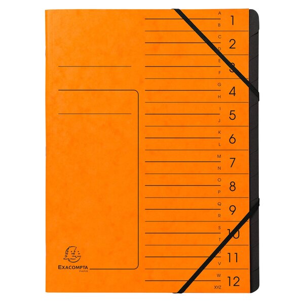 Trieur Agrafé Avec Élastiques Intérieur Noir 12 Compartiments - A4 - Orange - X 10 - Exacompta
