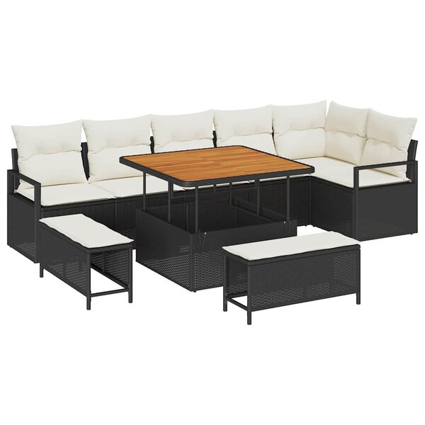 vidaXL Ensemble de canapé de jardin avec coussin 9 Pièces Noir Poly rotin