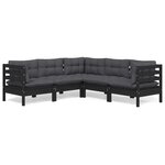 vidaXL Salon de jardin 5 Pièces avec coussins Noir Bois de pin solide