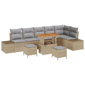 Ensemble de canapés de jardin 9 pièces avec coussins beige poly rotin acacia