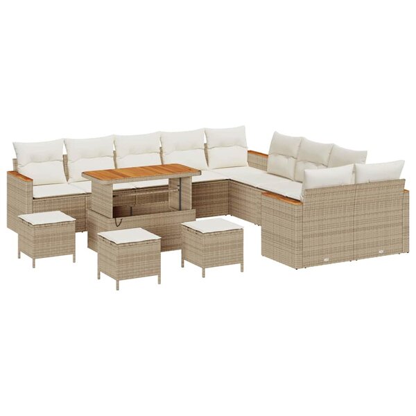 Ensemble de Canapés de Jardin de 14 Pièces avec Coussins Beige Rattan Polyéthylène Acacia