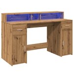 Bureau table poste de travail meuble d'ordinateur informatique étude avec lumières LED chêne artisanal bois d'ingénierie brun 02_0023417