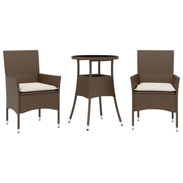 vidaXL Ensemble à manger de jardin et coussins 3Pièces marron rotin verre