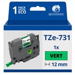 Ruban compatible Brother TZe731 - Texte noir sur fond vert - Largeur 12 mm x 8 mètres