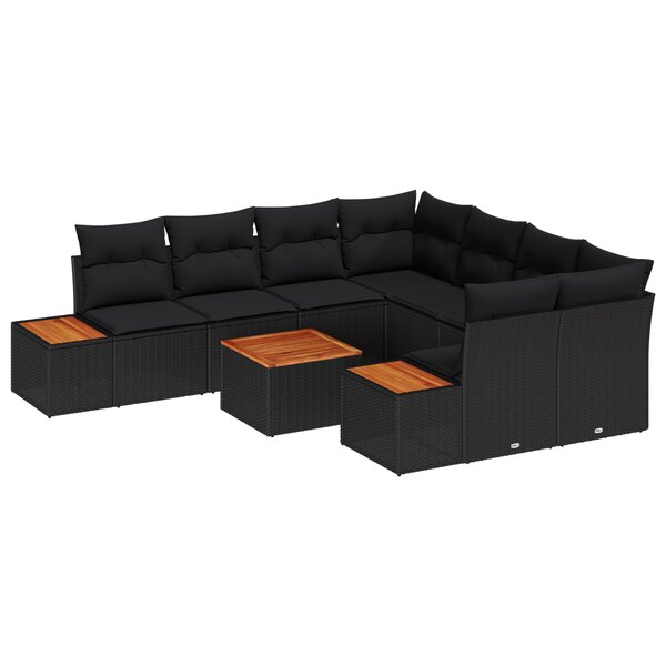 vidaXL Ensemble de Canapé de Jardin 9 Pièces avec Coussins Noir Poly Rattan Acacia