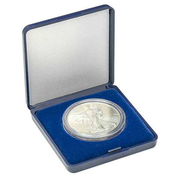 Écrin monnaie avec plateau velours bleu pour pièces de 18 à 50 mm. Diamètre intérieur - 48 mm