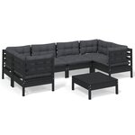 vidaXL Salon de jardin 7 Pièces avec coussins Noir Bois de pin