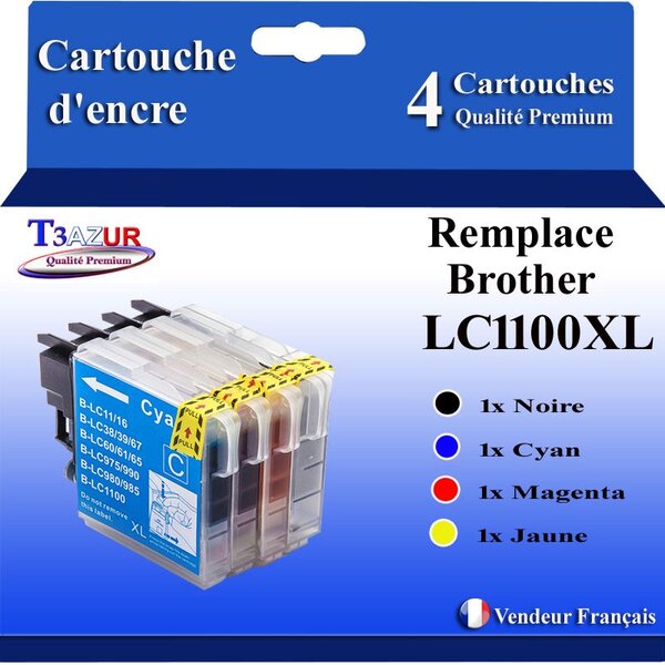T3AZUR- Lot de 4 Cartouches compatibles avec Brother LC1100 XL pour Brother DCP383C  DCP385C  DCP387C  DCP390CN  DCP395CN