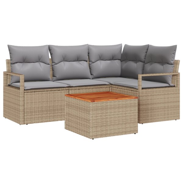 Canapé de Jardin en Rattan Poly Beige 5 Pièces avec Coussins Acacia