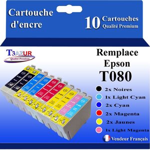 T3AZUR- 10x Cartouches Compatibles avec Epson T0801 T0802 T0803 T0804 T0805 T0806 remplace Epson Stylus PX800FW PX810FW PX820FWD PX830FWD Noire