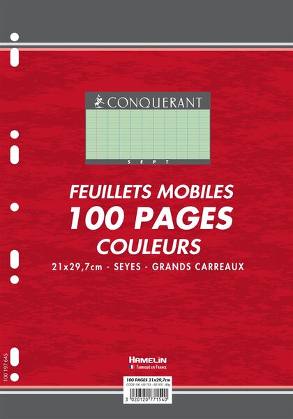 Feuillets mobiles 21x29,7 cm 100 pages grands carreaux verts 80g x 10 CONQUÉRANT SEPT