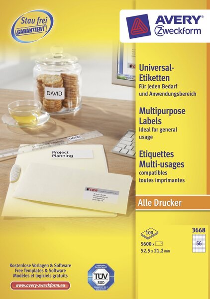 Etiquettes multi usages 52,5 x 21,2 mm sans bord blanche 5600 sur 100 f a4 avery zweckform