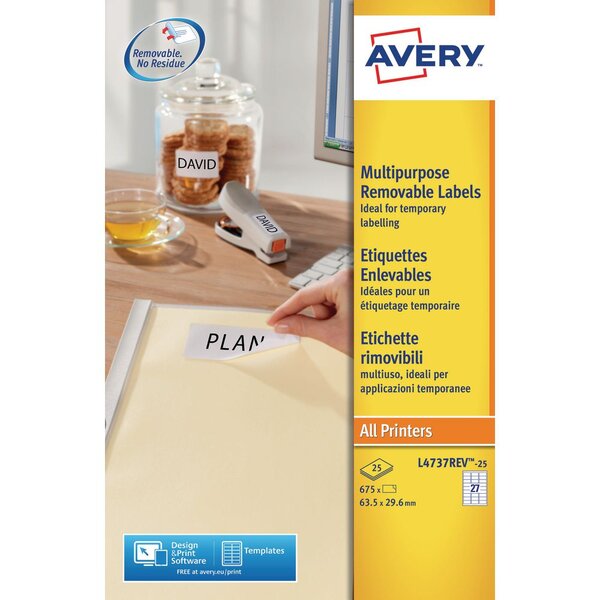 Étiquettes amovibles multi-usage pour imprimantes, 63,5 x 29,6 mm, 25 feuilles, 27 étiquettes par feuille, auto-adhésives, blanc (paquet 675 unités)