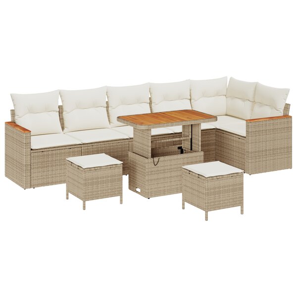 Ensemble de 9 pièces de canapé de jardin avec coussins beige en poly rotin acacia
