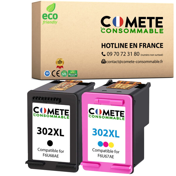 CARTOUCHE 302XL 2pack Compatibles avec HP 1 Noir + 1 Couleur COMETE, Entreprise française