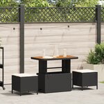 Ensemble de salle à manger de jardin de 3 pièces avec coussins en poly rotin noir et acacia