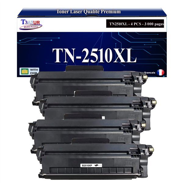 T3AZUR - 4x Toners compatibles avec Brother DCP-L2627DWE  L2627DW  L2665DW  L2620DW  L2400DWE  MFC-L2800DW  L2835DW  HL-L2445DW  TN2510  TN2510XL