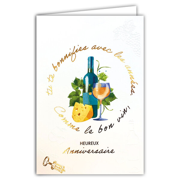 69-3134 Carte Anniversaire Vin pour Homme Femme Tu te bonifies avec les Années Peinture Aquarelle - Finitions Dorure Or Doré + Gaufrage en Relief +1 Enveloppe Format 12x17cm - Fabriqué en Europe
