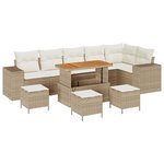 Canapé de jardin 10 pièces avec coussins en poly rotin beige et acacia