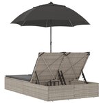vidaXL Chaise longue double avec coussins et parasol gris clair rotin