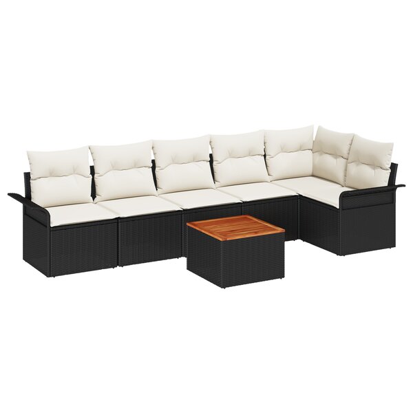 vidaXL Ensemble de canapé de jardin 7 pièces avec coussins noir Poly Rattan Acacia