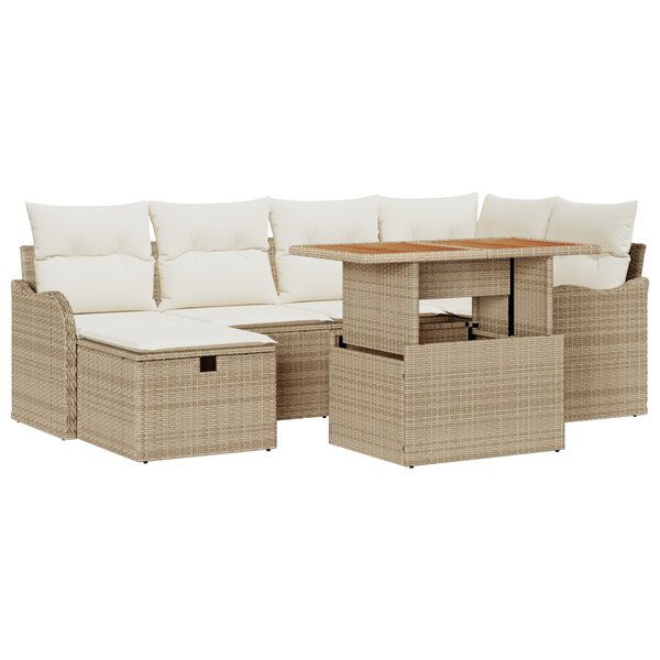 Ensemble de 7 pièces canapé de jardin avec coussins poly rotin beige