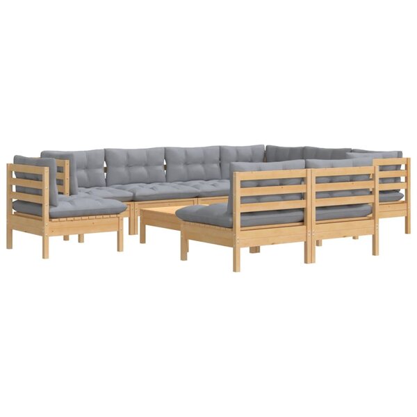 Salon de jardin meuble d'extérieur ensemble de mobilier 10 pièces avec coussins gris bois de pin solide 02_0015034