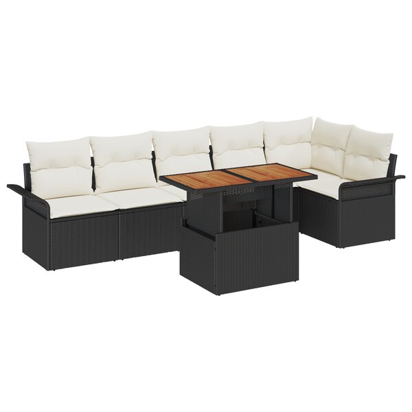 vidaXL Ensemble de salle à manger de jardin 7 pièces avec coussins noir poly rattan acacia