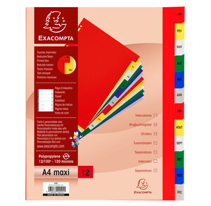 Jeu d'intercalaires mensuel polypro 12 touches multicolores Format A4+ x 20 EXACOMPTA
