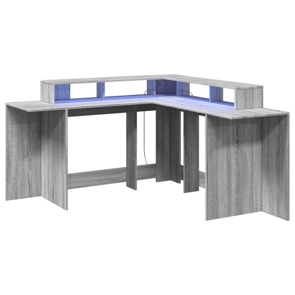 Bureau table poste de travail meuble d'ordinateur informatique étude et lumières LED sonoma 152 x 152 x 91cm bois ingénierie gris 02_0023808