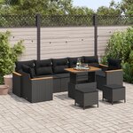 Ensemble de Canapé de Jardin 10 Pièces avec Coussins Noir Poly Rattan Acacia