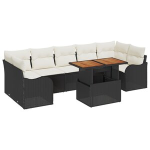 Ensemble de Canapé de Jardin de 8 Pièces avec Coussins Noir Poly Rotin Acacia