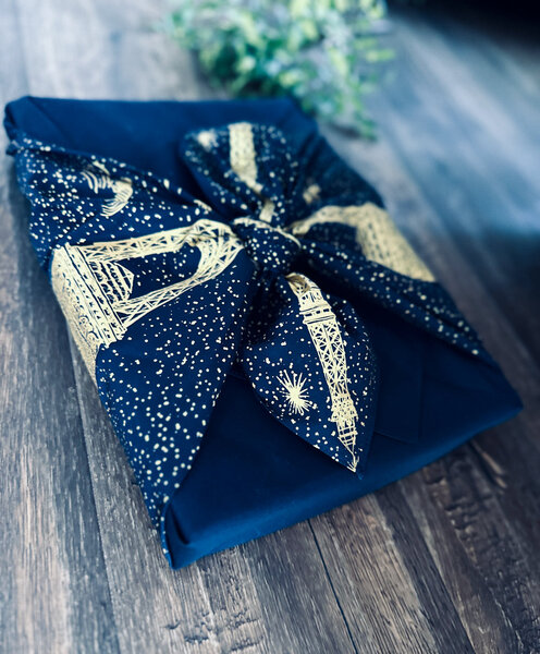 Emballage Réutilisable Furoshiki Coton Recyclé L : Paris Mon Amour Bleu Nuit