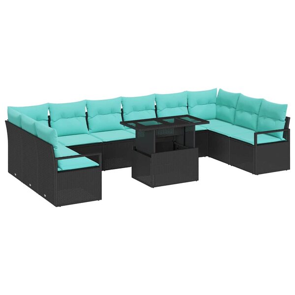 vidaXL Ensemble de canapé de jardin 11 Pièces Noir et bleu polyrotin