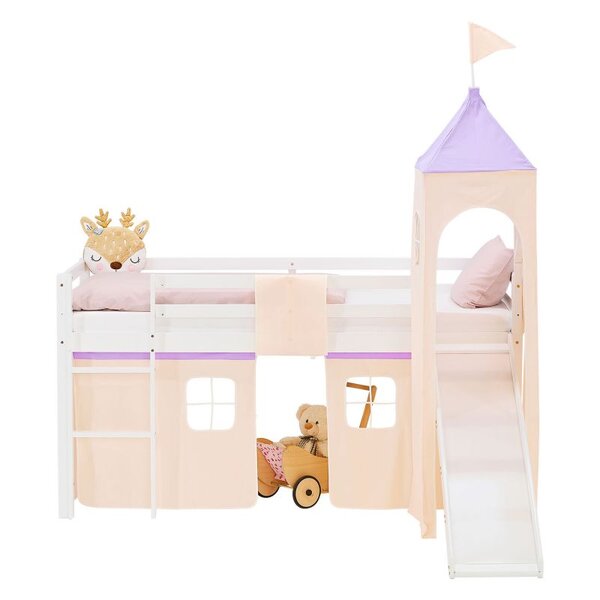 Lit mezzanine 90x200cm sommier  toboggan  tour et rideau pin pêche